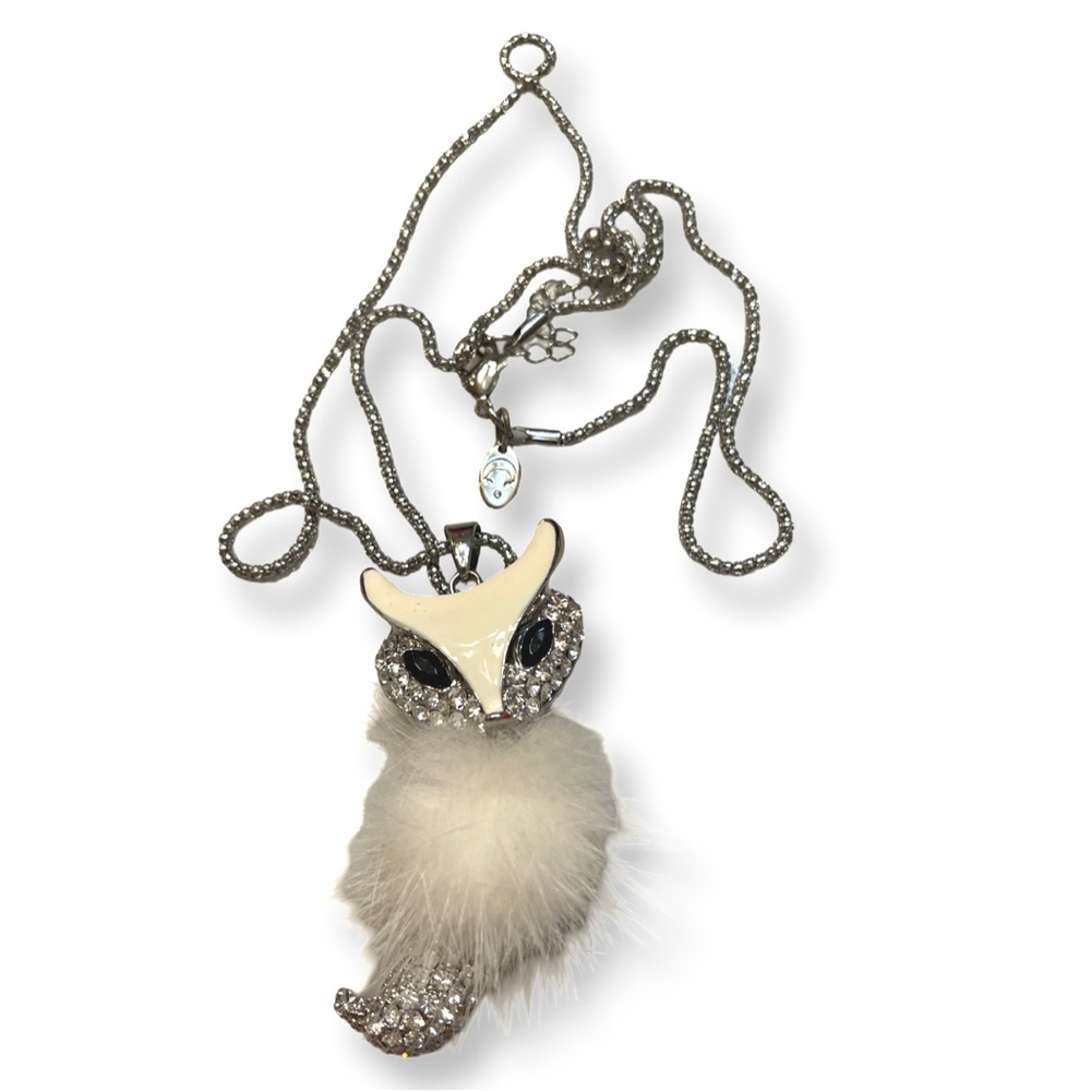 Charming Charlie Silvertone White Fur Rhinestone Fox Pendant Necklace